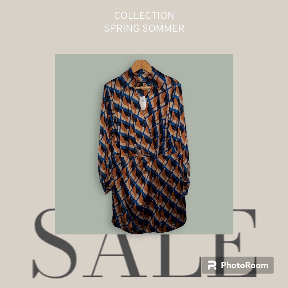 Banana Republic Womens Sz 16 Wrap Dress Knee Length Geometric Pattern Blue Peach